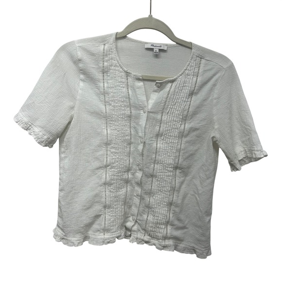 Madewell Tops - Madewell White Cotton Gauze Pintuck Ladder Lace Ruffle Hem Blouse AF666 XS